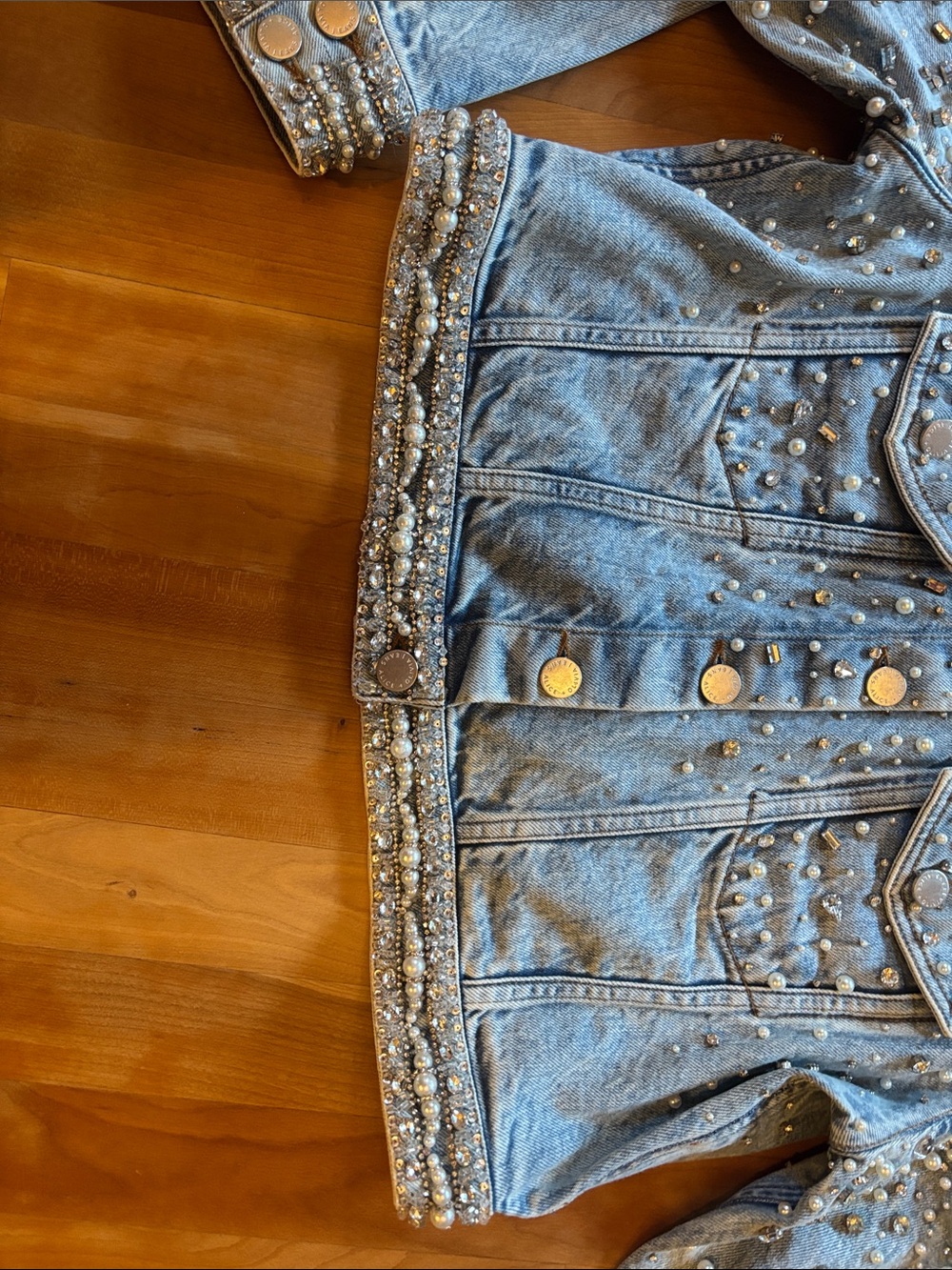Alice + Olivia Light Blue Pearl-Embellished Denim Jacket - Picture 7 of 16